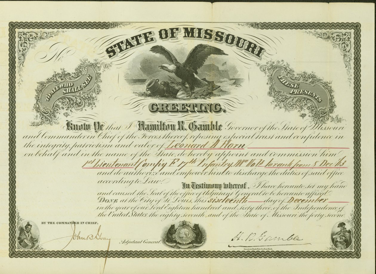 Kinevezi Horn 1. hadnagyot, az F társaság, a 17. Missouri -i gyalogságot, 1863. december 8 -tól alkotó: Hamilton Rowan Gamble