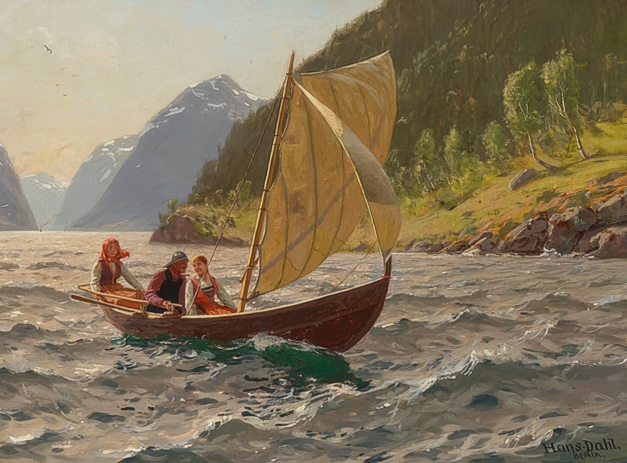 Vitorlás kirándulás norvég fjord tájon alkotó: Hans Dahl