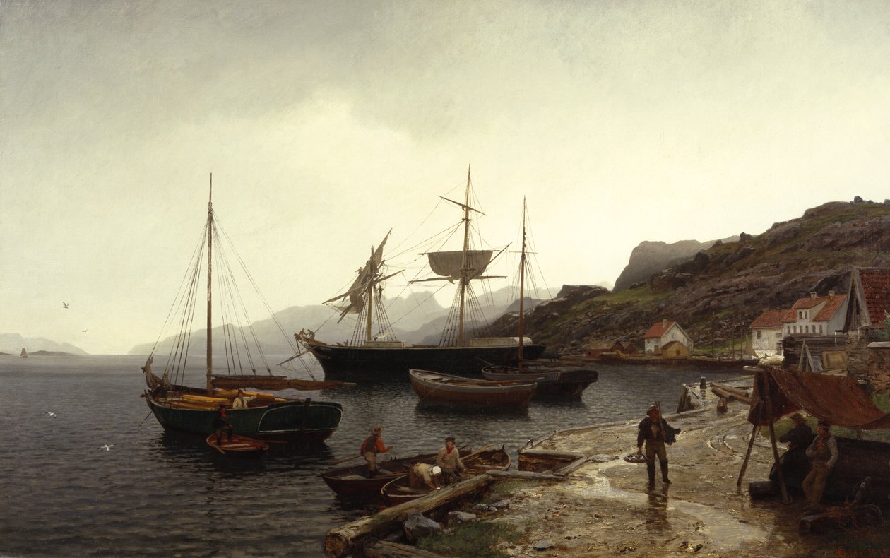 Fishing smack (csónak) a kikötőben, Kleven, Mandal alkotó: Hans Gude