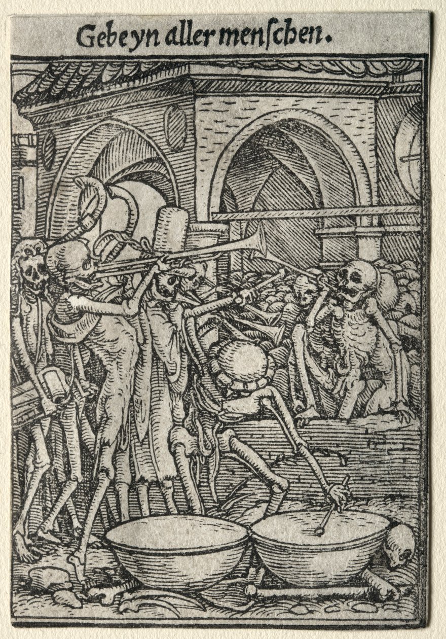 Haláltánc: A halál trombitásai. alkotó: Hans Holbein