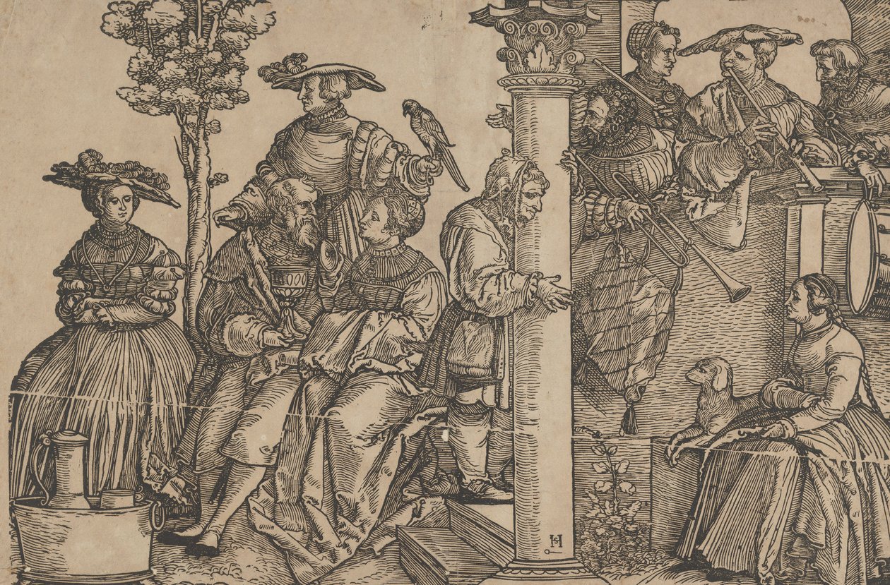 Zenészek és bámészkodók. alkotó: Hans Schäufelein the Elder