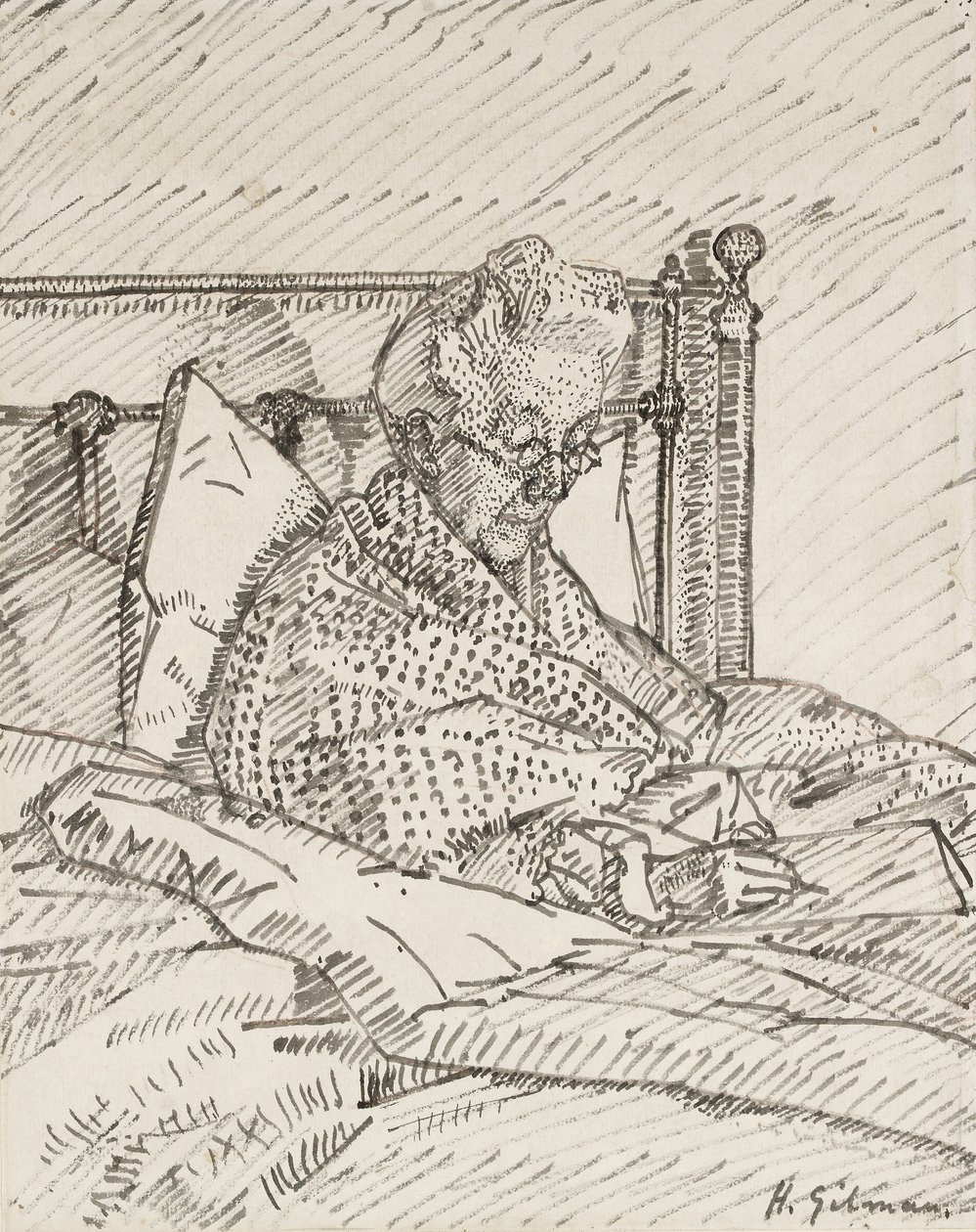 A művész anyjának portréja, aki az ágyban ír (nád toll és szürke tintával a piros kréta jelzésein) alkotó: Harold Gilman