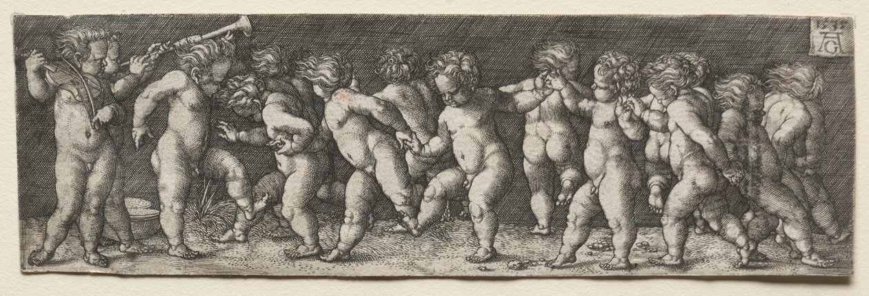 Tizenöt meztelen gyermek táncol, 1535. alkotó: Heinrich Aldegrever