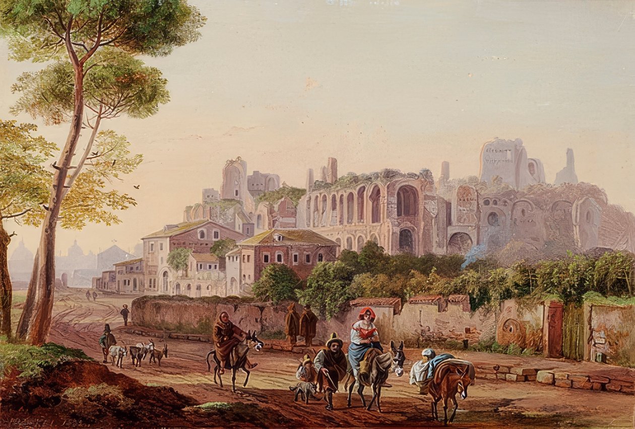Római utcakép a Palatinus-hegy előtt. 1832 alkotó: Heinrich Burkel