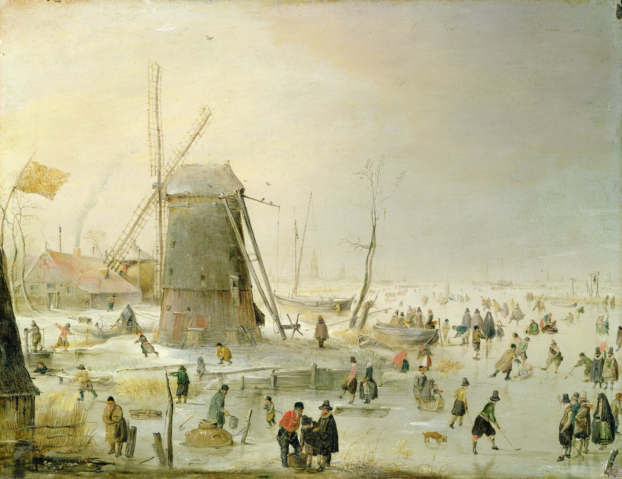 Téli jelenet korcsolyázókkal a szélmalom mellett alkotó: Hendrick Avercamp
