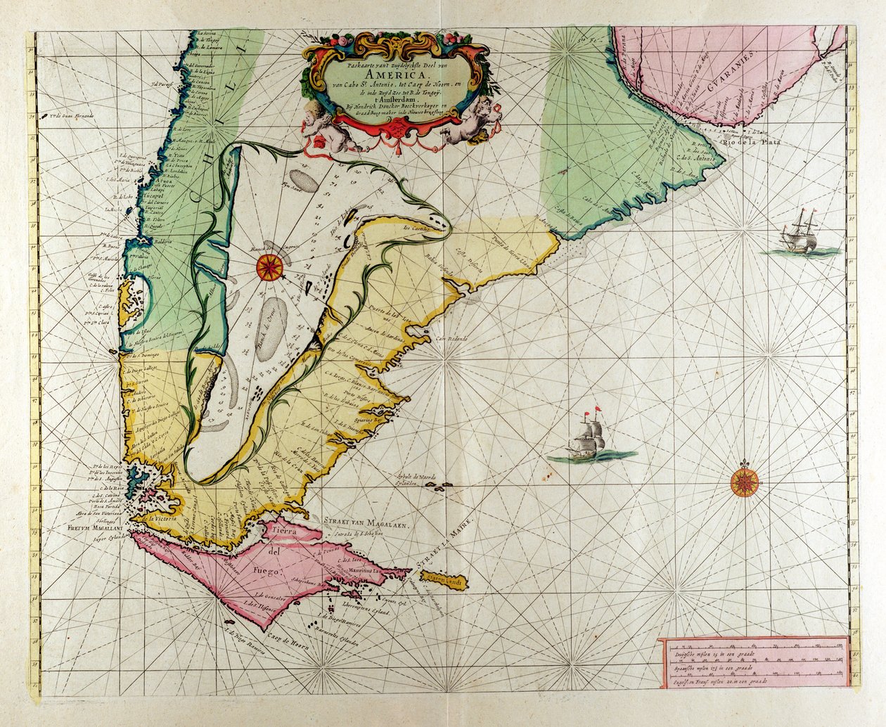 Amerika, 17. lemez a „Le Nouveau et Grand Illuminant Flambeau de la Mer”-ből, Claes Jansz. Vooght (fl.1680-96), megjelent Amszterdamban 1683-ban (kézzel színezett metszet) alkotó: Hendrick Doncker