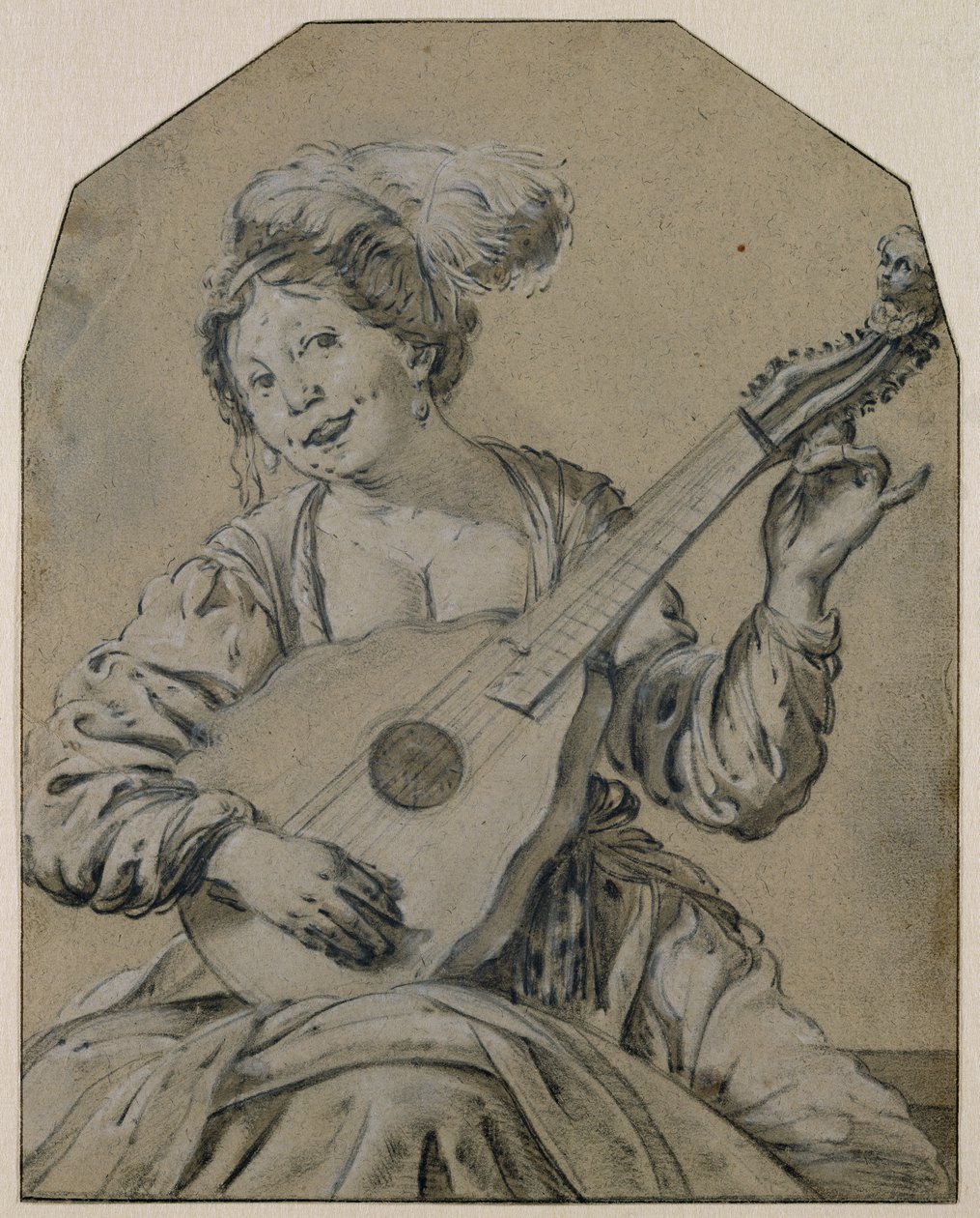 Lantjátékos (fekete-fehér kréta papíron) alkotó: Hendrick ter Brugghen