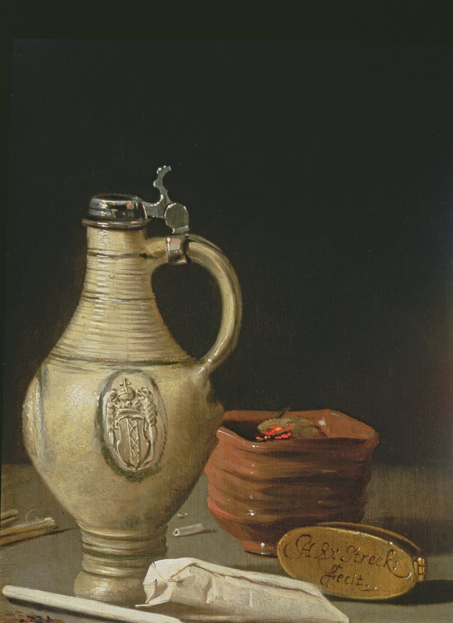 Csendélet egy amszterdami cserépkanállal, egy tál szénnel és dohányzacskóval alkotó: Hendrick van Streeck