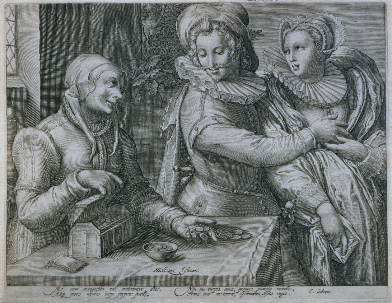 Egy fiatal férfi, aki inkább a szépség szerelmét választja a gazdagság helyett, vésette Jacob Matham (1571-1631) alkotó: Hendrik Goltzius
