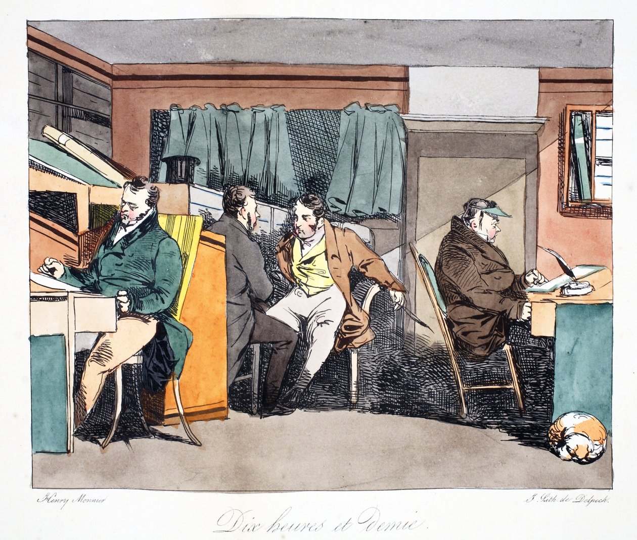 Fél tizenegy, illusztráció Henri Monnier „Moeurs Administratives, Dessinées szerint természet szerint”, litográfiája: Delpech, pub. Párizs, 1828 körül (kézzel színezett litó) alkotó: Henri Bonaventure Monnier