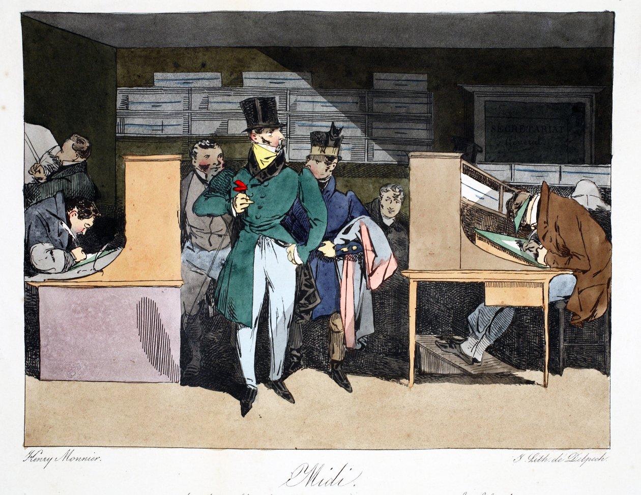 Midi, illusztráció a „Moeurs Administratives, Dessinées szerint természet”-ből, Henri Monnier, litografálta Delpech, pub. Párizs, 1828 körül (kézzel színezett litó) alkotó: Henri Bonaventure Monnier