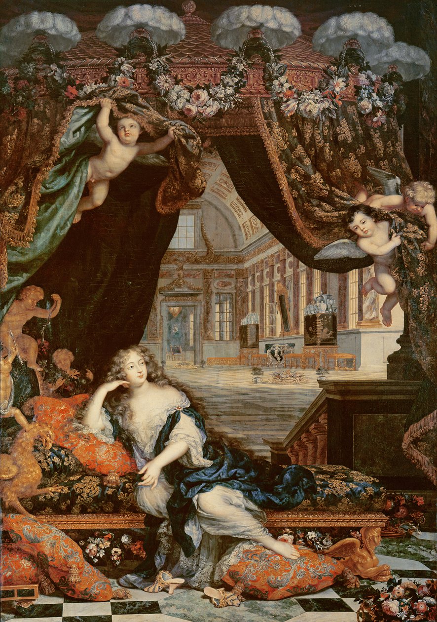 Madame de Montespan (1640-1707) portréja fekve a Chateau de Clagny galériája előtt alkotó: Henri Gascard