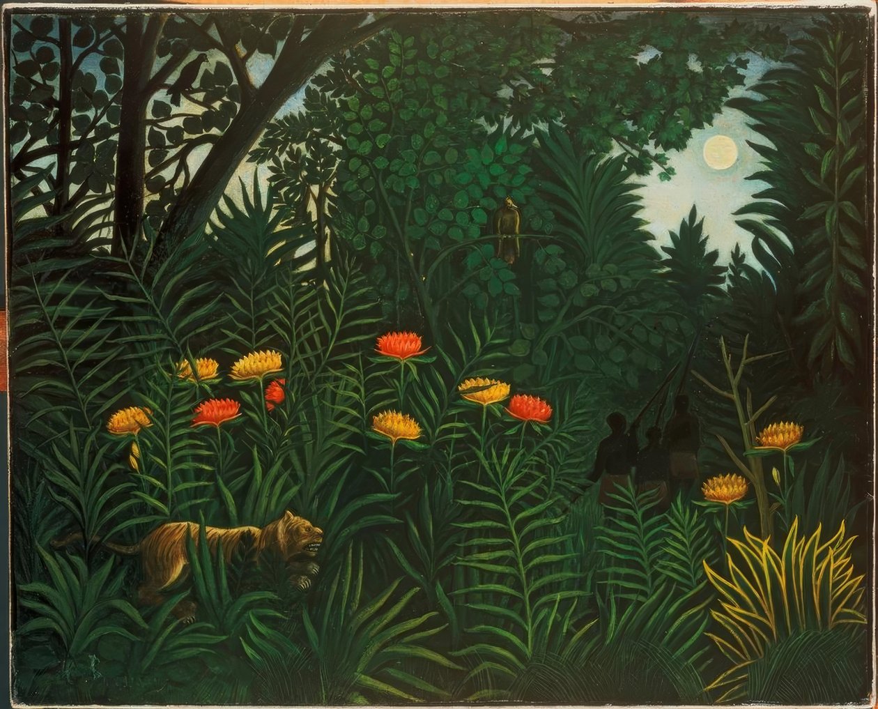 Egzotikus táj tigrisekkel és vadászokkal alkotó: Henri Rousseau