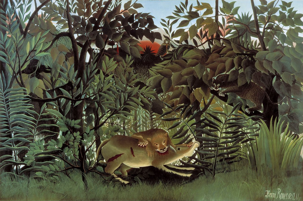Az éhes oroszlán megtámad egy antilopot alkotó: Henri Rousseau