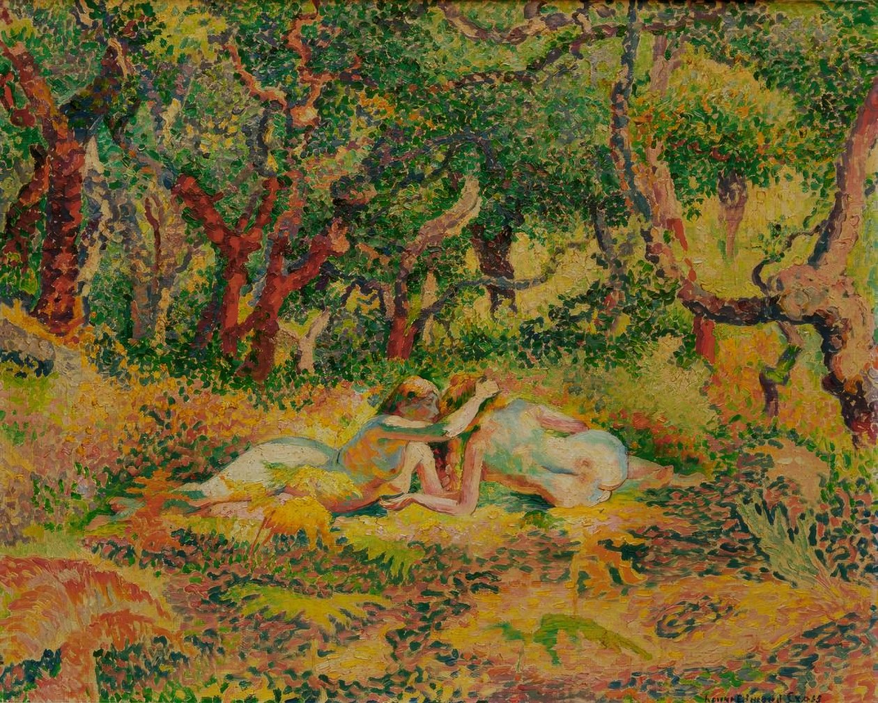 Két meztelen nő egy tölgyfa parafa alatt alkotó: Henri Edmond Cross