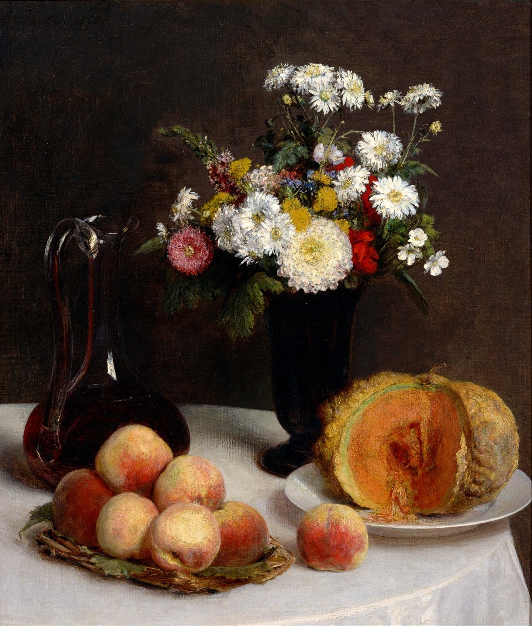 Csendélet virágokkal, gyümölcsökkel és bortartályokkal. alkotó: Henri Fantin Latour