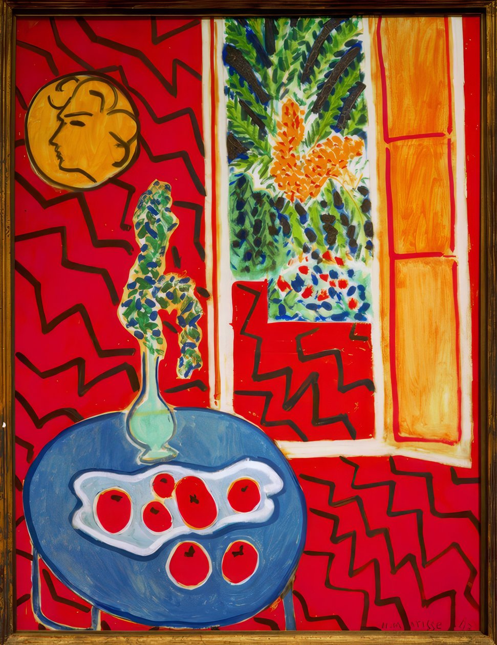 Piros belső tér, csendélet kék asztalon alkotó: Henri Matisse