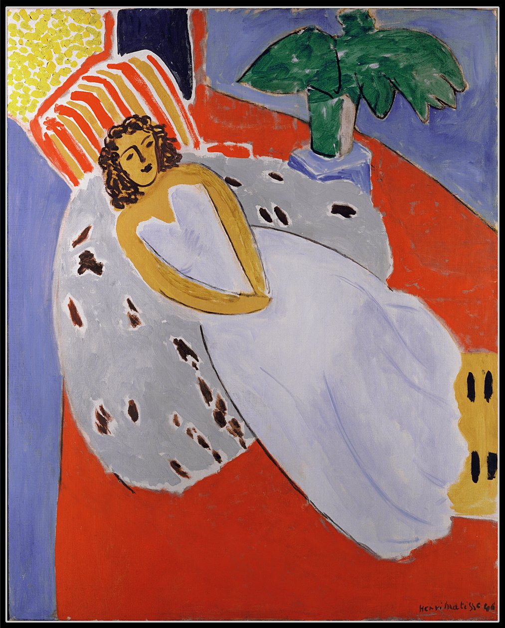 Fiatal nő fehérben, piros háttérrel alkotó: Henri Matisse
