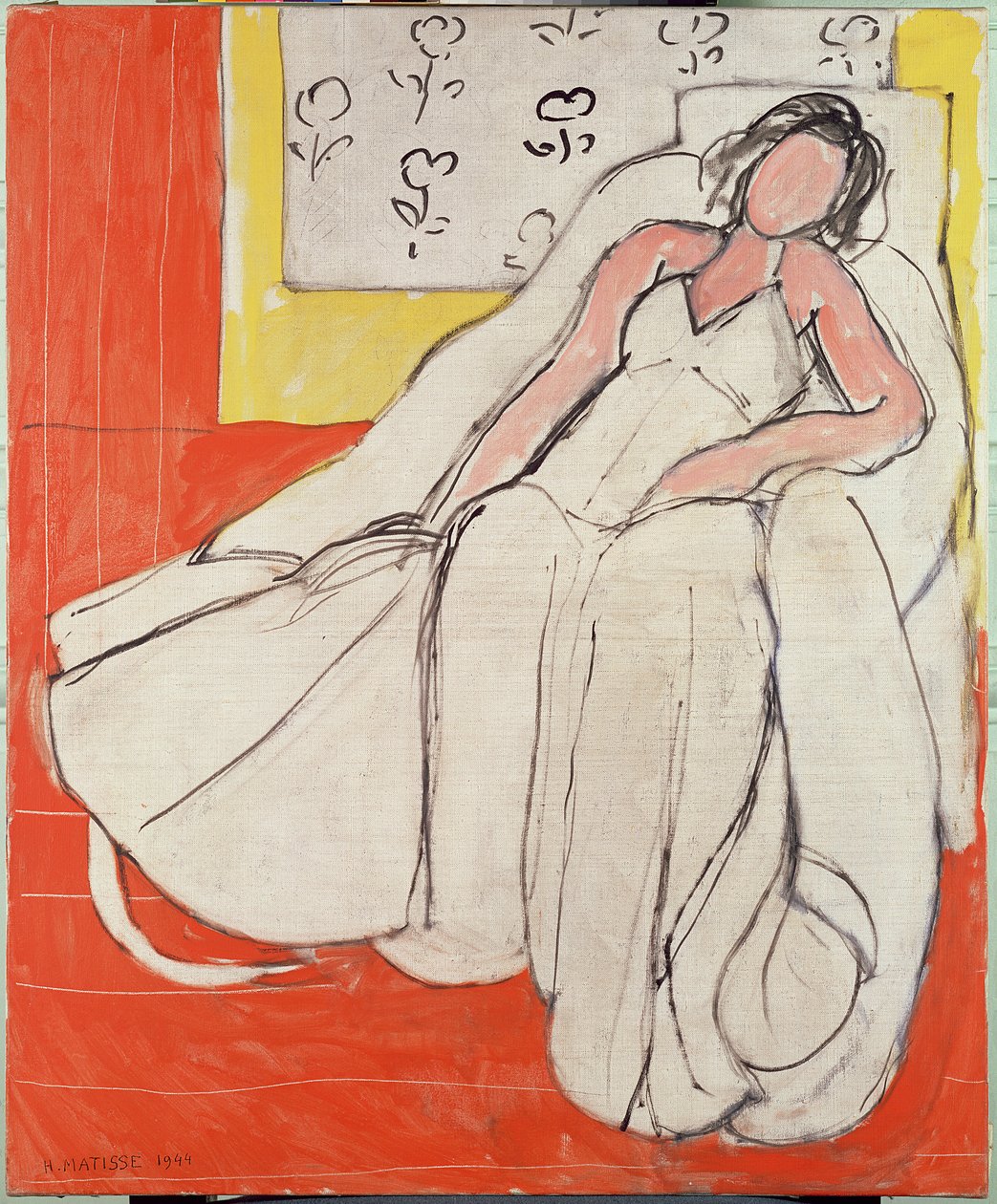 Fiatal nő fehérben, piros háttérrel alkotó: Henri Matisse