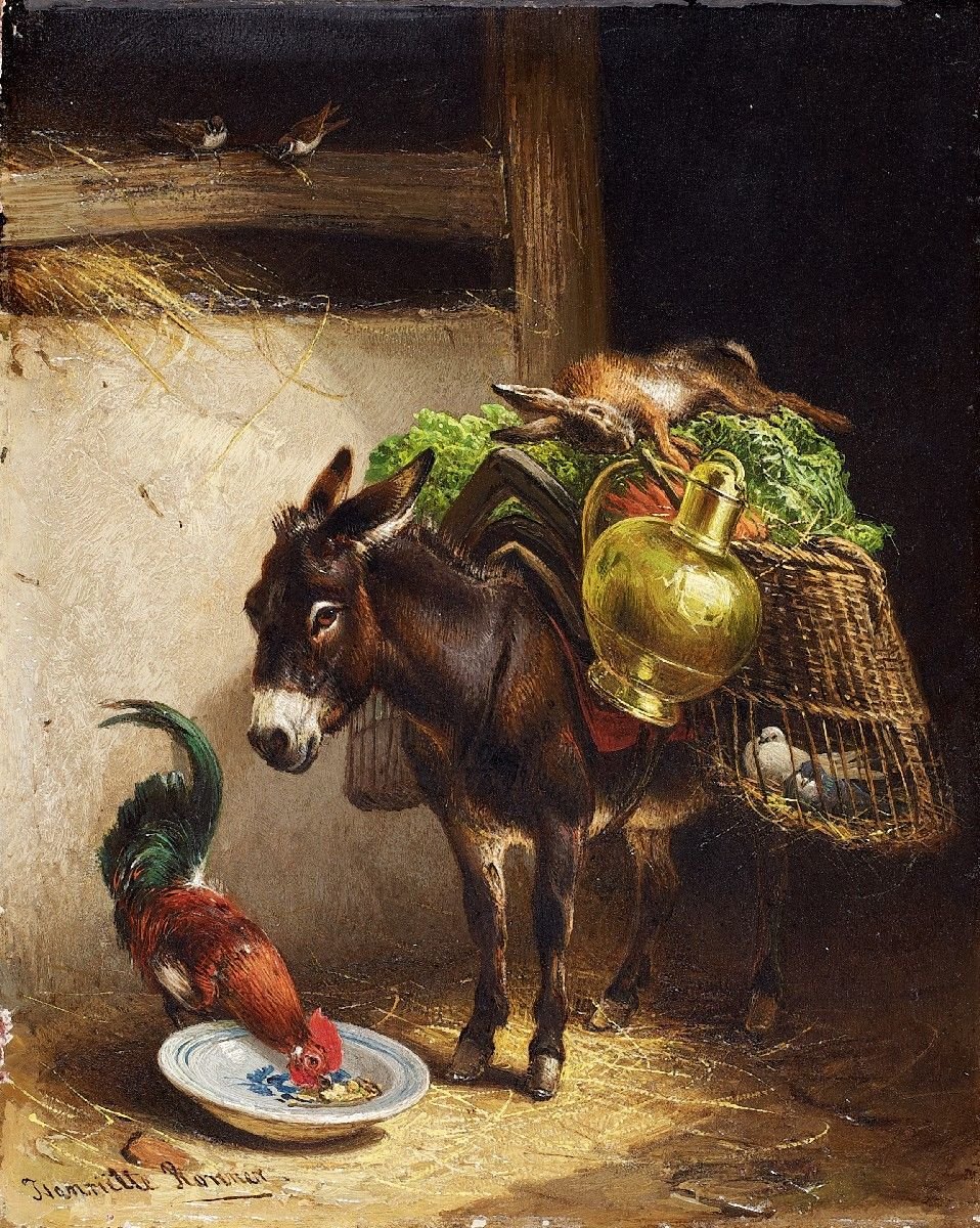 Szamár és kakas az istállóban. alkotó: Henriëtte Ronner Knip