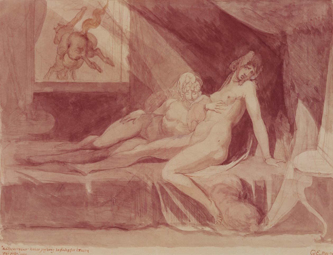 A rémálom két alvó nőt hagyva, 1810 (grafit és wc papíron) alkotó: Johann Heinrich Füssli
