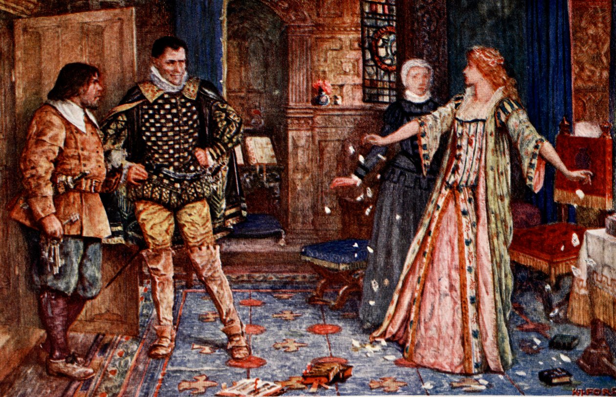 Elizabeth széttépi Dudley levelét, illusztráció Sir Walter Scott "Kenilworth" című, 1912-ben megjelent művéből. alkotó: Henry Justice Ford