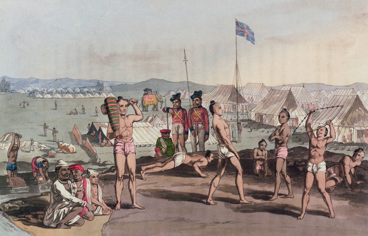 Egy Ukhara kilátással a brit rezidens táborra, az „A Mahratta Camp”-ból, 1813. április 5. (színes metszet) alkotó: Henry Moses