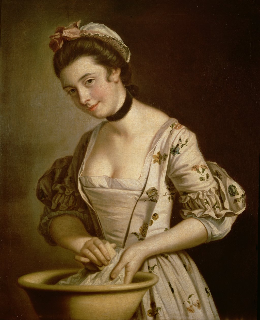 Egy hölgy szobalánya ágyneműt szappanoz alkotó: Henry Robert Morland