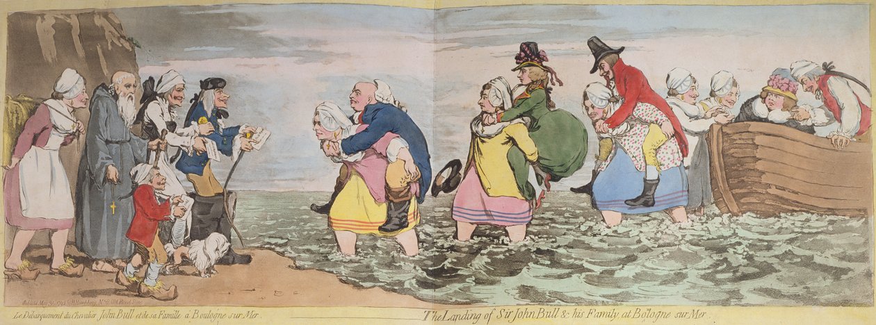 Le Debarquement du Chevalier John Bull és családja Boulogne sur Mer-ben, avagy Sir John Bull és családja partraszállása Bologne sur Mer-ben, James Gillray (1756-1815) metszete, kiadó: Hannah H. alkotó: Henry William Bunbury