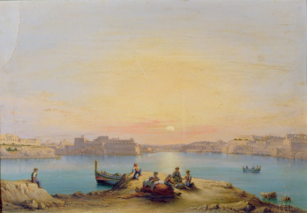 Valletta kikötője naplementekor alkotó: Henry Charles Ferro