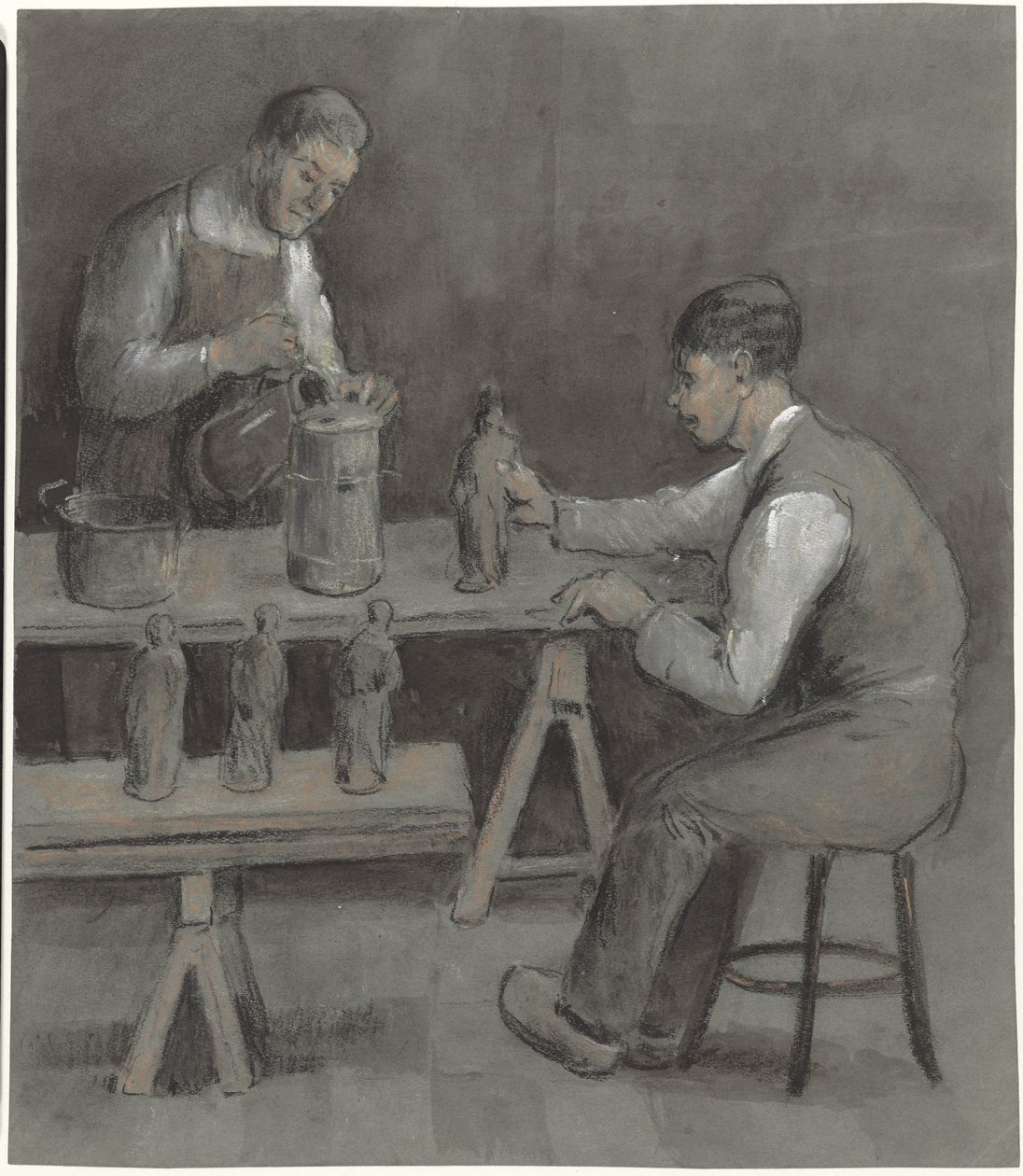 Két munkás figurákat készít alkotó: Herman Heijenbrock