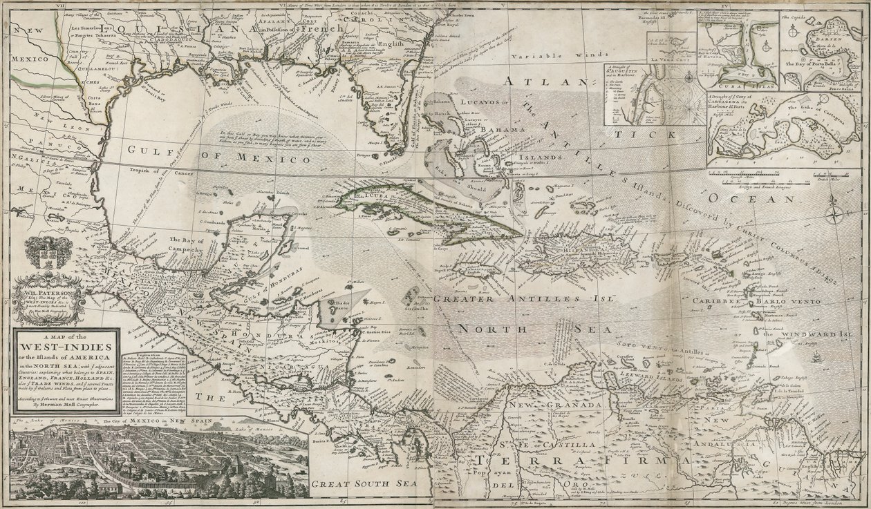 A Karib-tenger térképe, 1715 (kézzel színezett metszet) alkotó: Hermann Moll