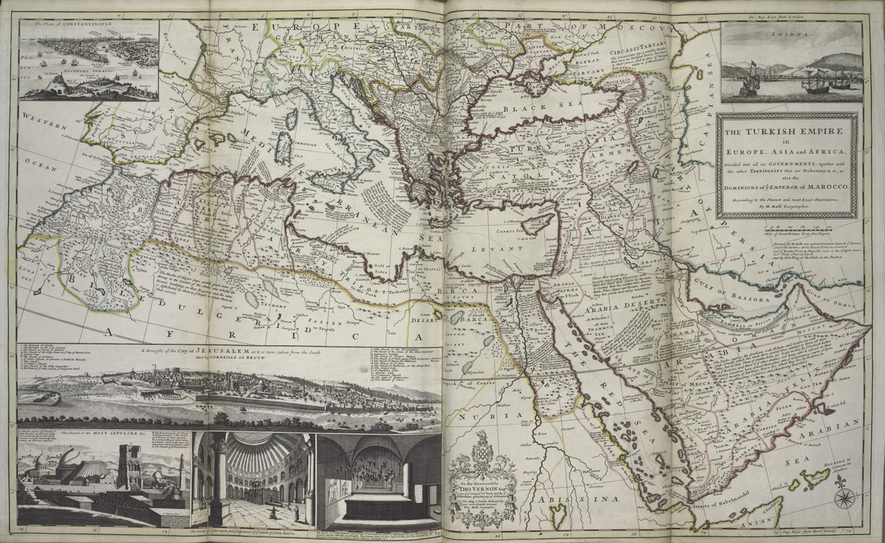 A Török Birodalom Európában, Ázsiában és Afrikában, 1736 (kézzel színezett nyomat) alkotó: Hermann Moll