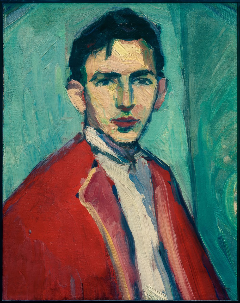 Önarckép piros kabáttal alkotó: Hermann Stenner