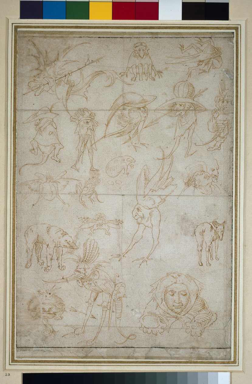 Groteszk tanulmányok (recto), 15. század (toll és bistre papíron) alkotó: Hieronymus Bosch