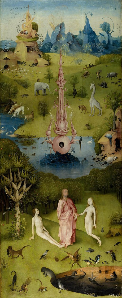 A földi örömök kertje, belső balszárny (Paradicsom) alkotó: Hieronymus Bosch