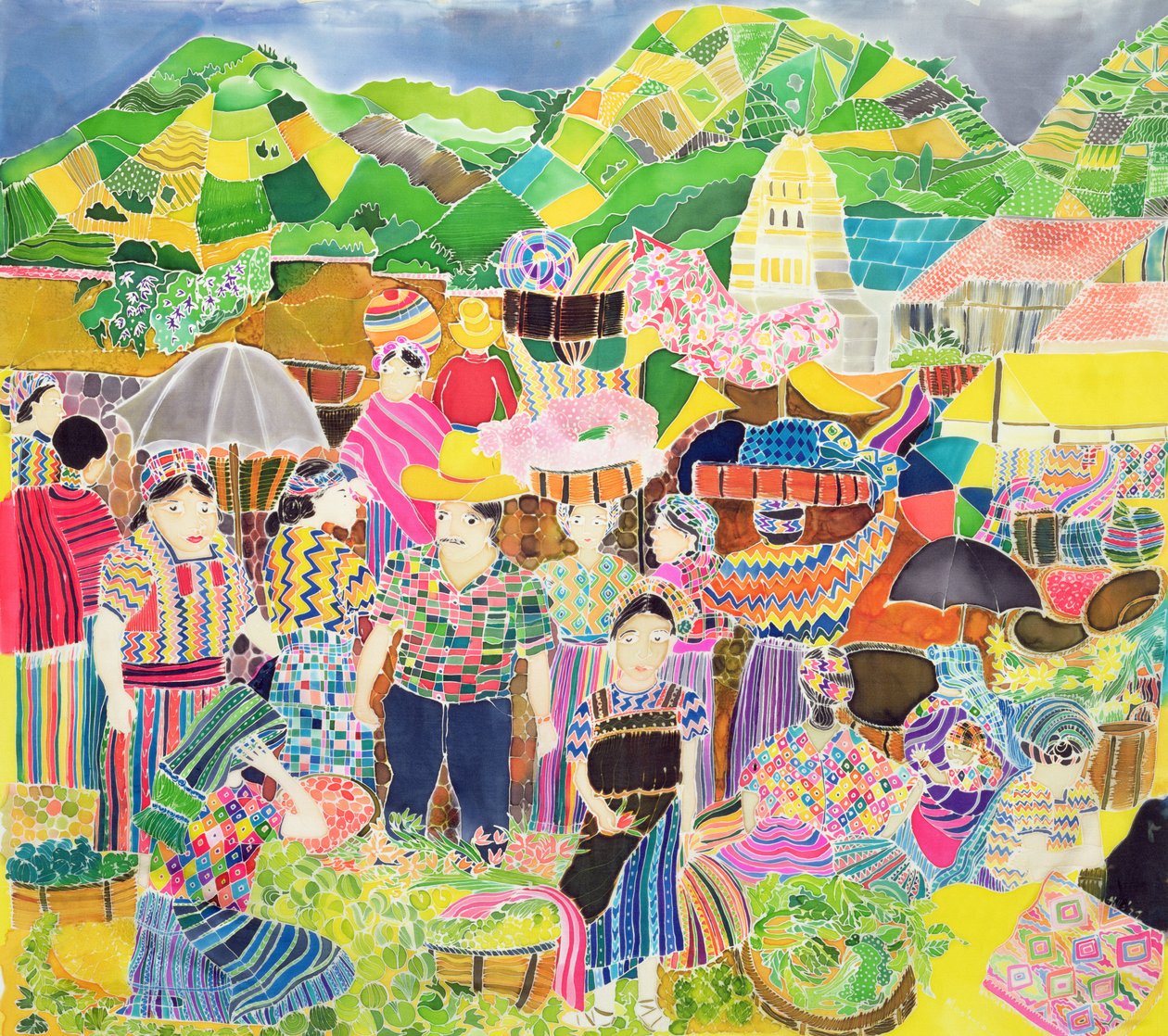 Almolonga Market (színes tinta selyemre) alkotó: Hilary Simon