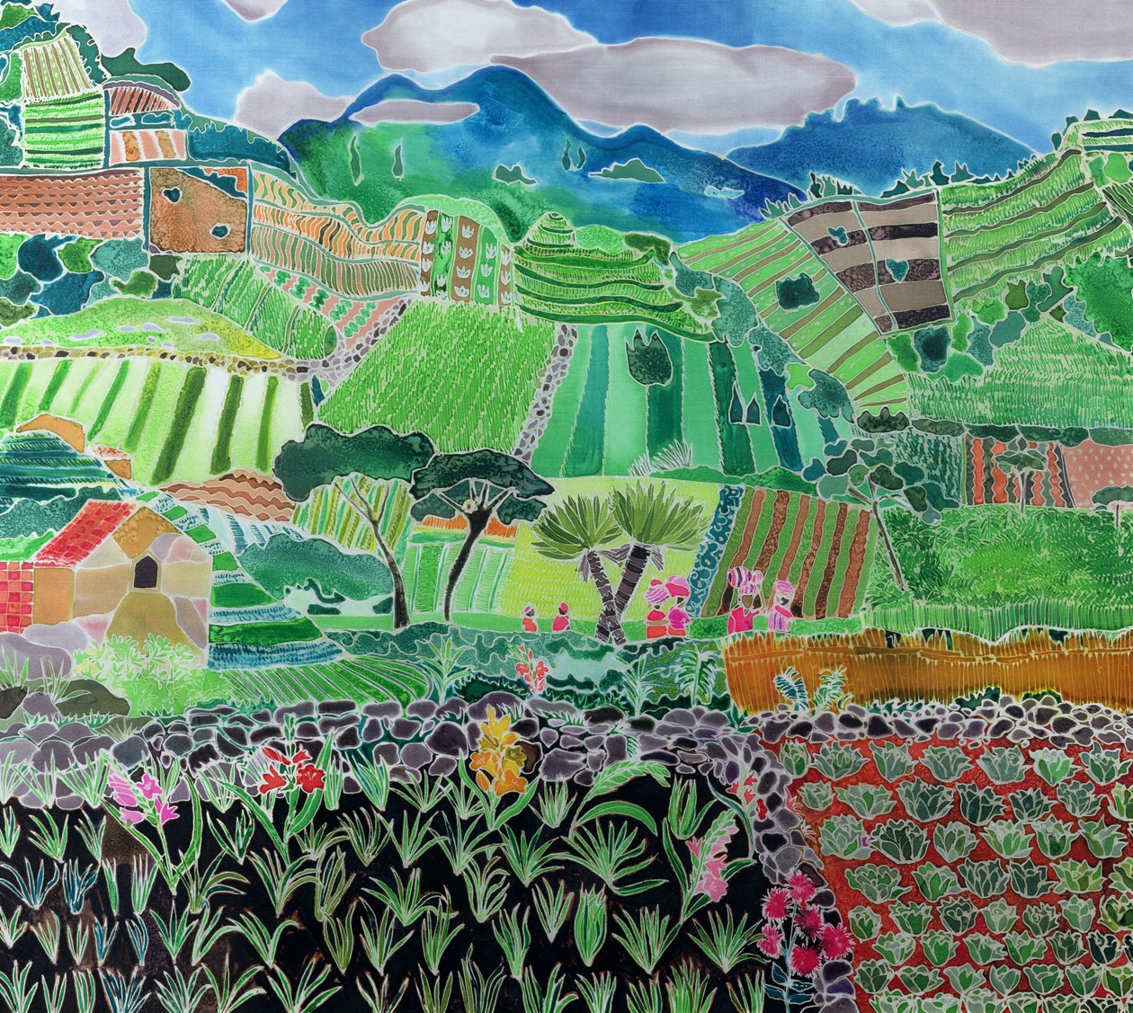 Káposzta és liliomok, Solola régió, Guatemala, 1993 (színes tinta selyemen) alkotó: Hilary Simon