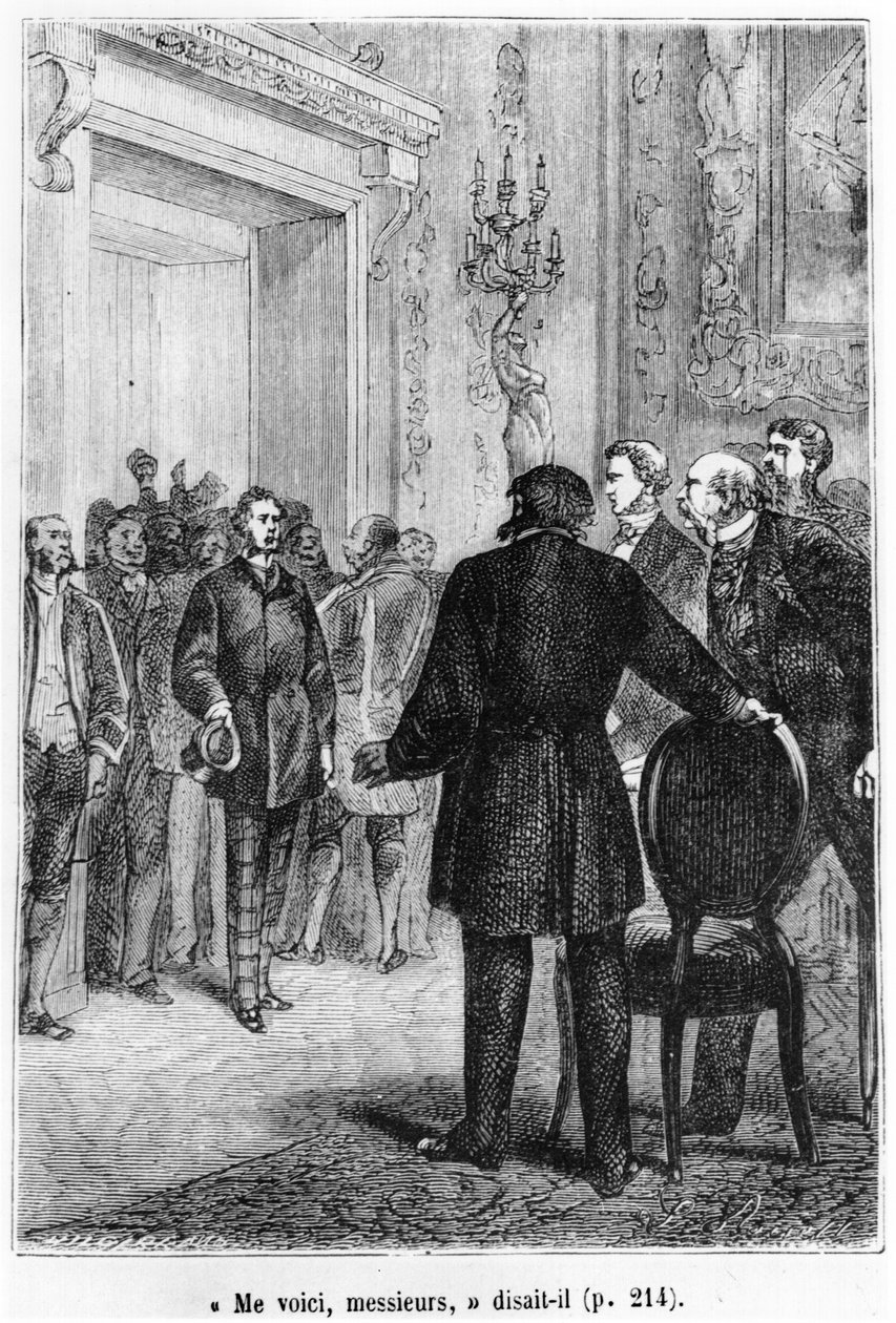 Phileas Fogg érkezik, illusztrációja Jules Verne (1828-1905) „Nyolcvan nap alatt a világ körül” című művéből, Henri Theophile Hildibrand (1824-97) metszetével, 19. század vége alkotó: Hippolyte Leon Benett