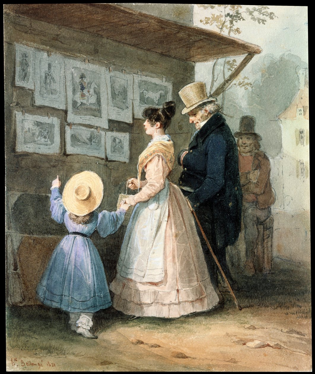 A metszet eladójánál, 1831. alkotó: Hippolyte Bellange