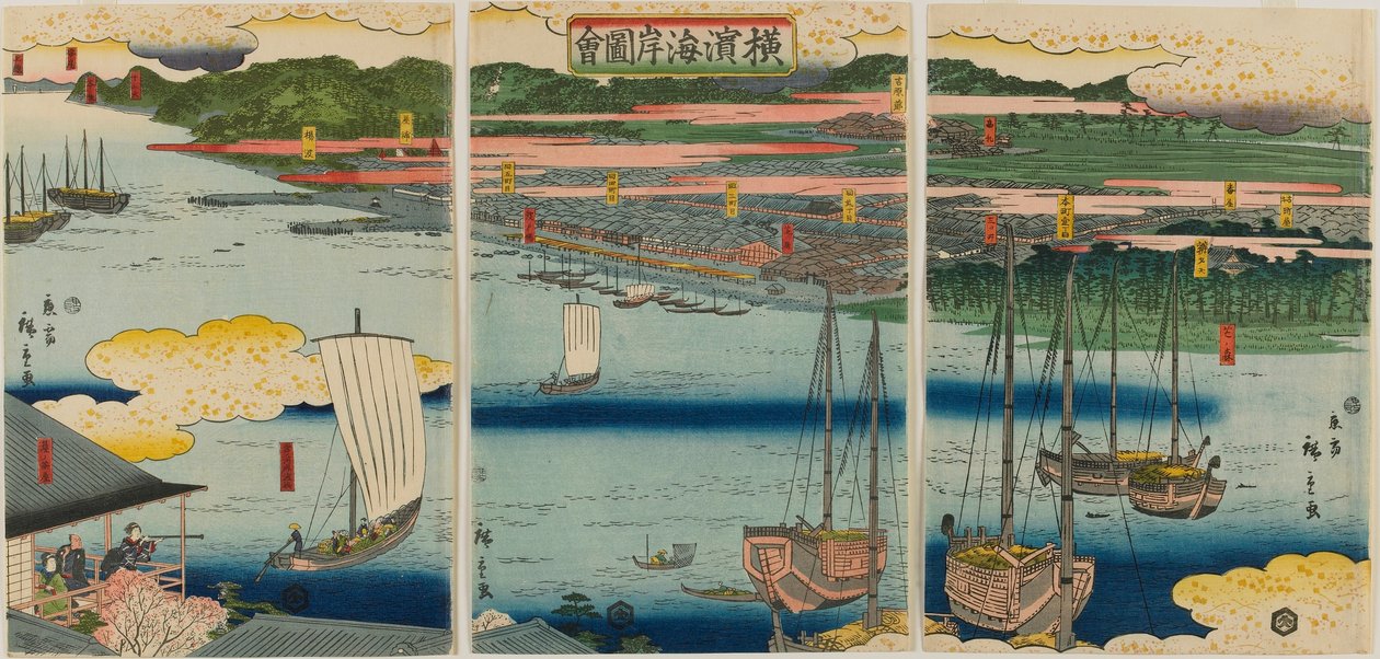 Kép Yokohama partjáról, Edo-korszak, 1860 (színes fatömbnyomat) alkotó: Hiroshige II