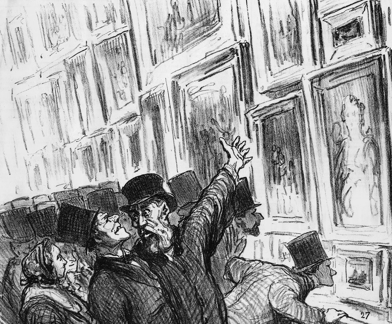 A művészt az 1859-es párizsi szalonban vigasztalták munkáinak a kiállításon elfoglalt helye miatt, rajzfilm a „Le Charivari” magazinból, 1859. április 20. alkotó: Honoré Daumier
