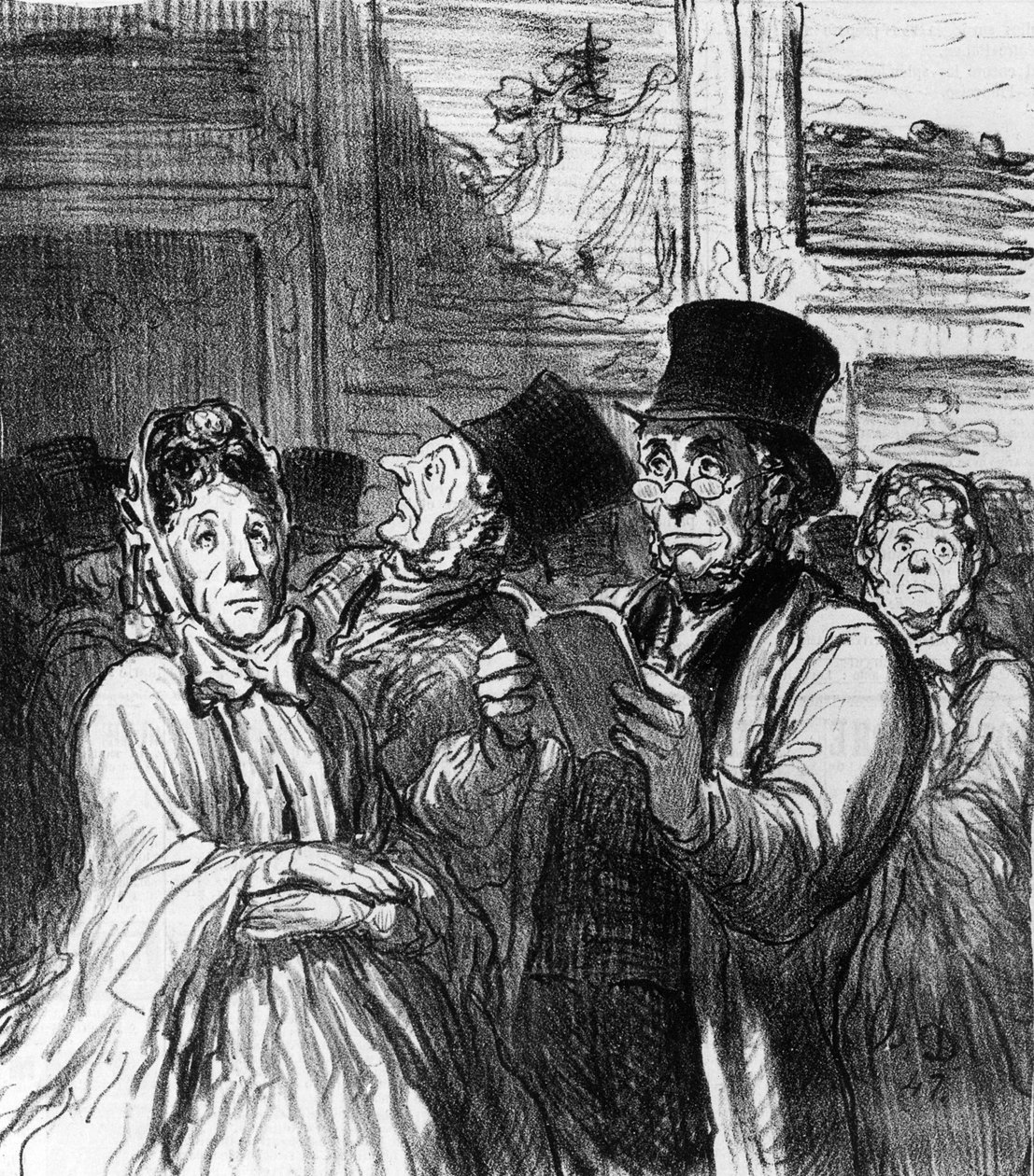 Karikatúra egy művészeti kiállítás látogatóiról Gustave Moreau festménye előtt, a „Le Charivari”-ból, 1864. június 3. alkotó: Honoré Daumier