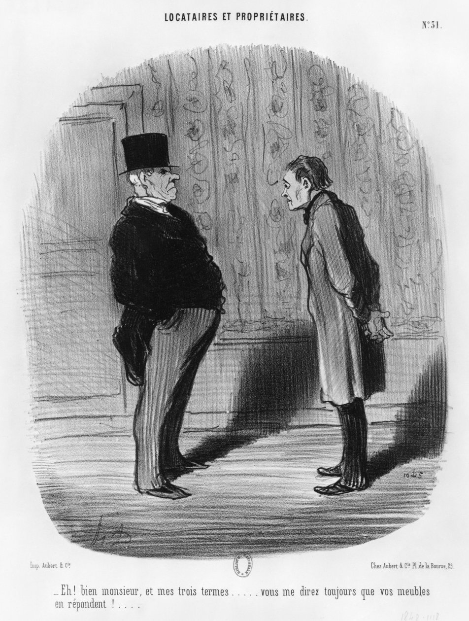 „Nos, uram, mi a helyzet az én három ciklusommal”, 31. lemez a „Bérlők és tulajdonosok” sorozatból, 1848 alkotó: Honoré Daumier