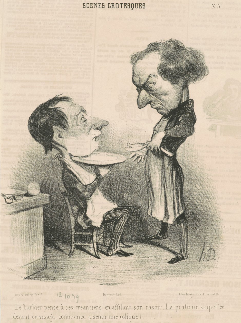 A borbély a hitelezőire gondol... alkotó: Honoré Daumier