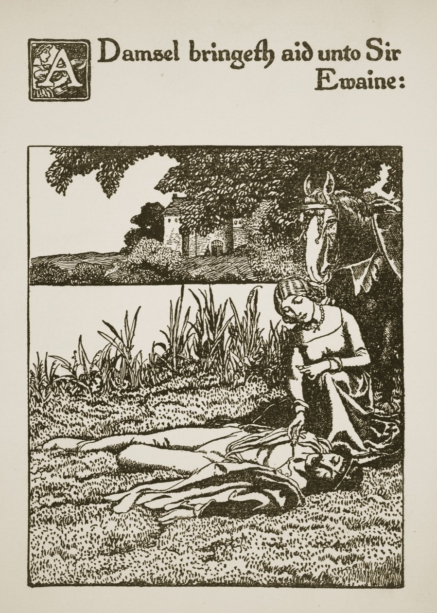 Egy lány segítséget hoz Sir Ewaine-nek, illusztráció a „Sir Launcelot és társai története”, 1907-ből alkotó: Howard Pyle