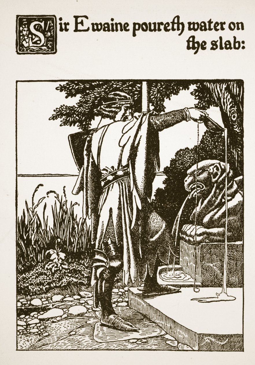 Sir Ewaine vizet önt a táblára, illusztráció a "Sir Launcelot és társai története" című könyvből, 1907 alkotó: Howard Pyle