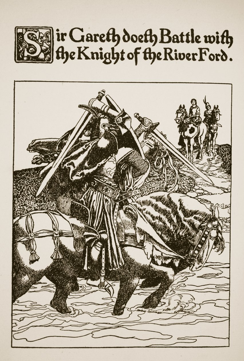 Sir Gareth csatázik a Ford folyó lovagjával, illusztráció a "Sir Launcelot és társai történetéből", 1907. alkotó: Howard Pyle