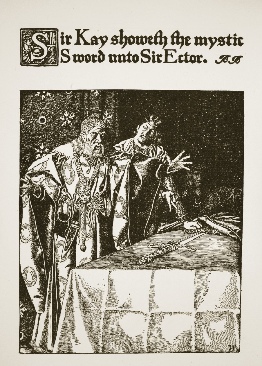 Sir Kay megmutatja a misztikus kardot Sir Ectornak, illusztrációja az „Arthur király és lovagjainak története”, 1903 alkotó: Howard Pyle