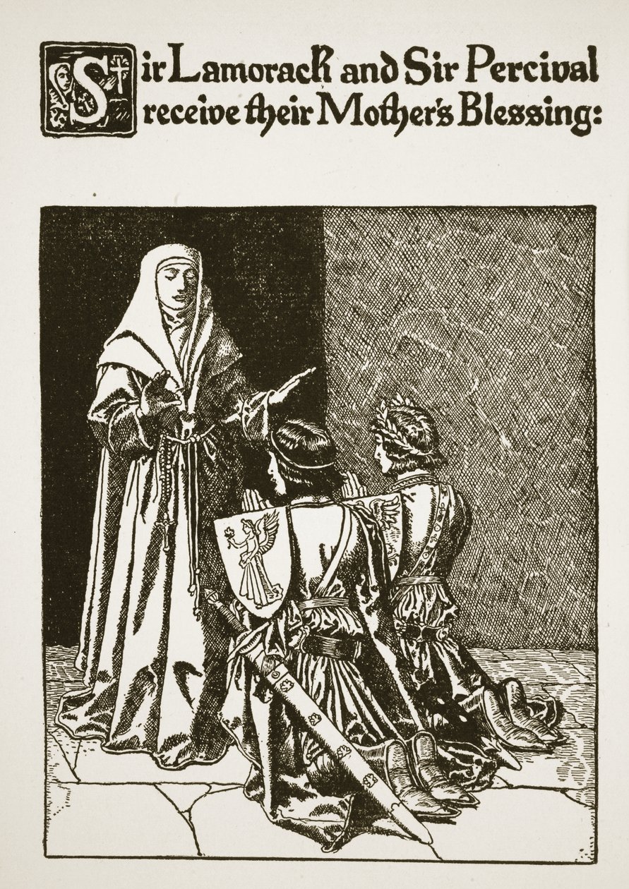 Sir Lamorack és Sir Percival megkapják anyjuk áldását, illusztráció a "Sir Launcelot és társai történetéből", 1907. alkotó: Howard Pyle